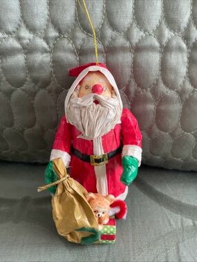 Handcrafted Red Santa Ornament with Green Gloves and Gold Sack